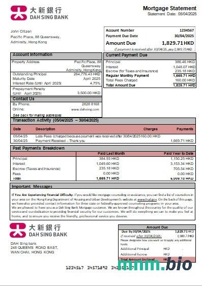 Hong Kong Bank DAH Sing wyciąg z kredytu hipotecznego szablon Word i PDF